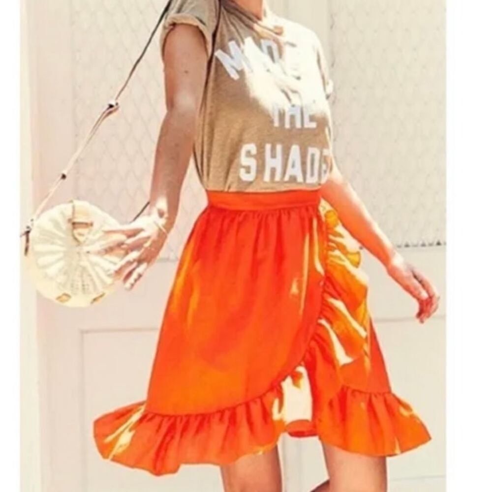J. Crew 100% Linen Ruffle Hem Faux Wrap Mini Skirt Citrus Poppy Orange Size 10